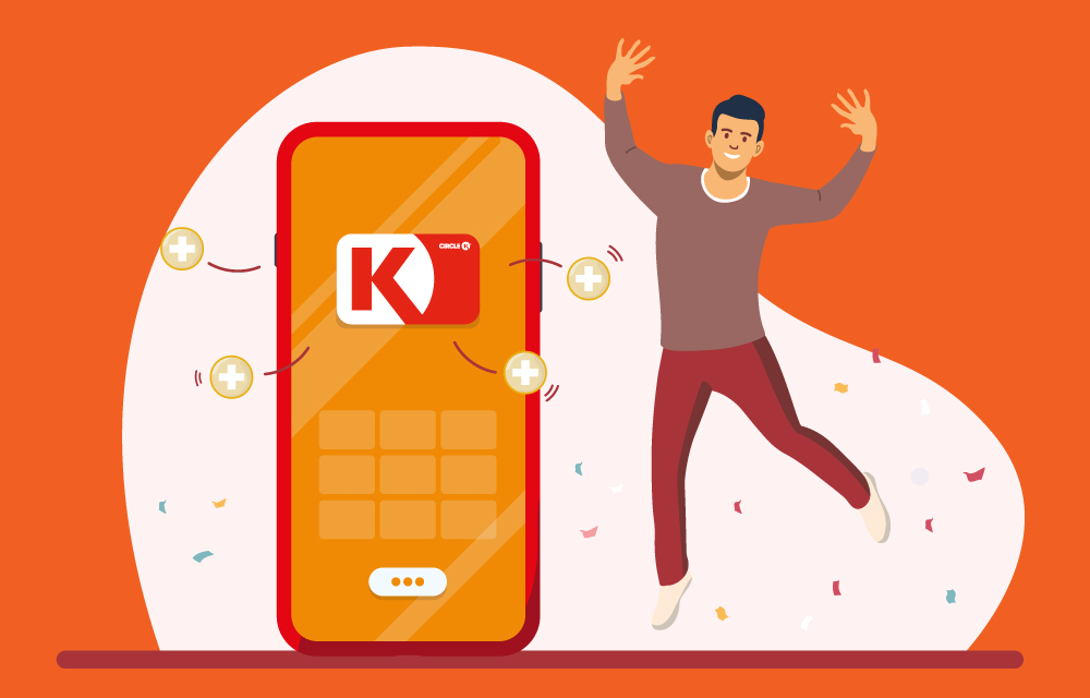 Man leaping next to a phone displaying the Circle K Card