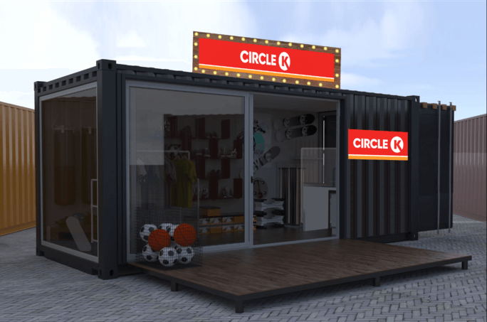 Circle K popup shop in a storage container