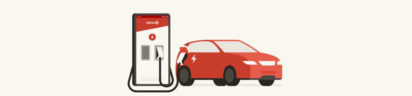 Illustration of an electric car charging at a Circle K EV charge point